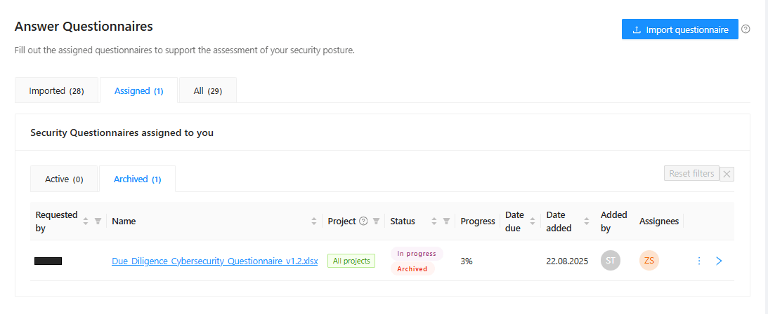 Halaman Kuesioner menampilkan koleksi Assigned